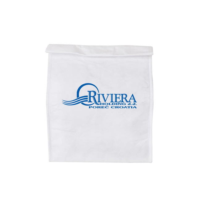 A white Tyvek cooler lunch bag with a branded logo, featuring a fold-over top.