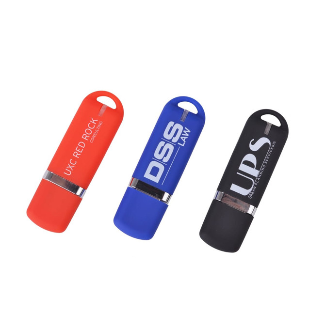 Three flash drives in red, blue, and black colours, each featuring a logo and a cylindrical design.