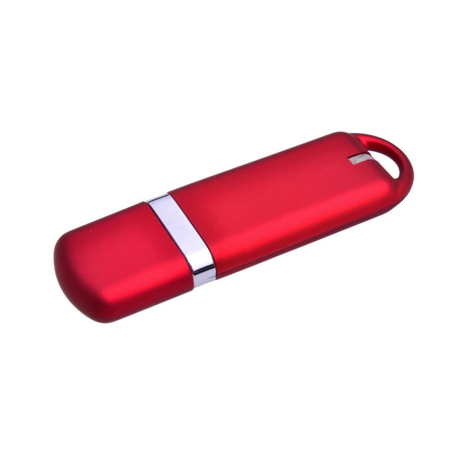 A red flash drive with a silver band, featuring a sleek design and a keychain loop.