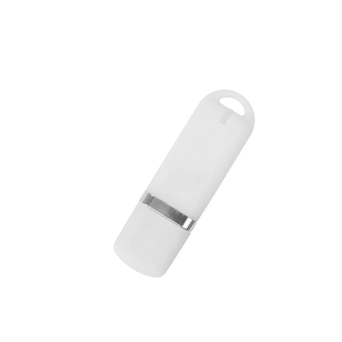 A white Kurtz flash drive with a silver band, featuring a logo on its surface.