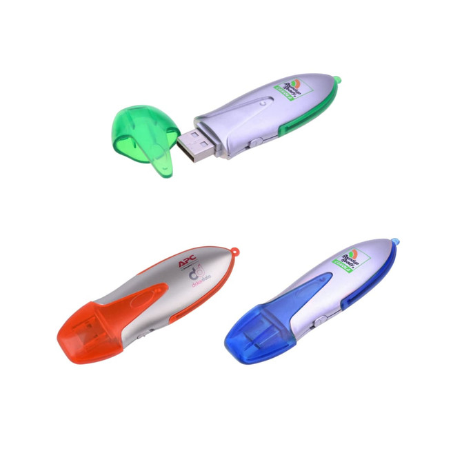 Three Hummel flash drives in green, orange, and blue, featuring a sleek design and a removable cap. Each has a logo.