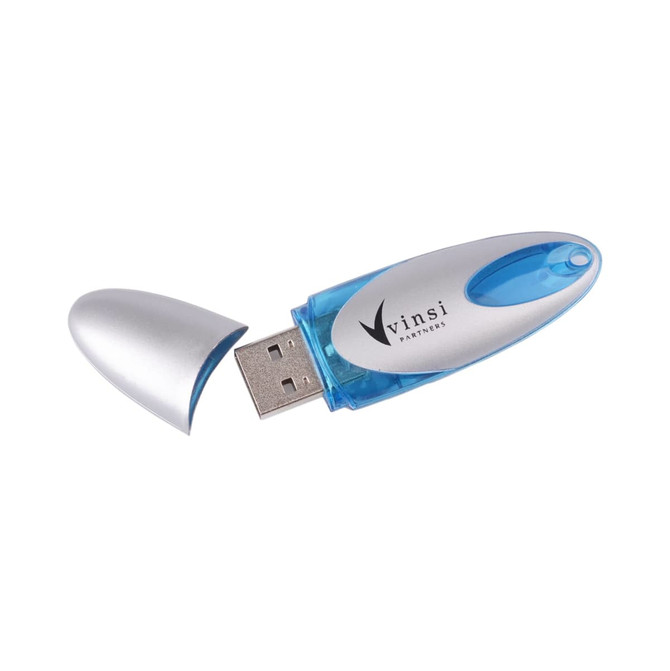 A blue and silver flash drive with a removable cap and a logo on the side.