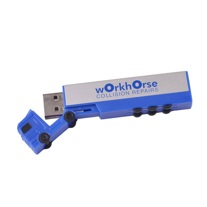 A blue truck-shaped flash drive with a silver body and a logo on it.