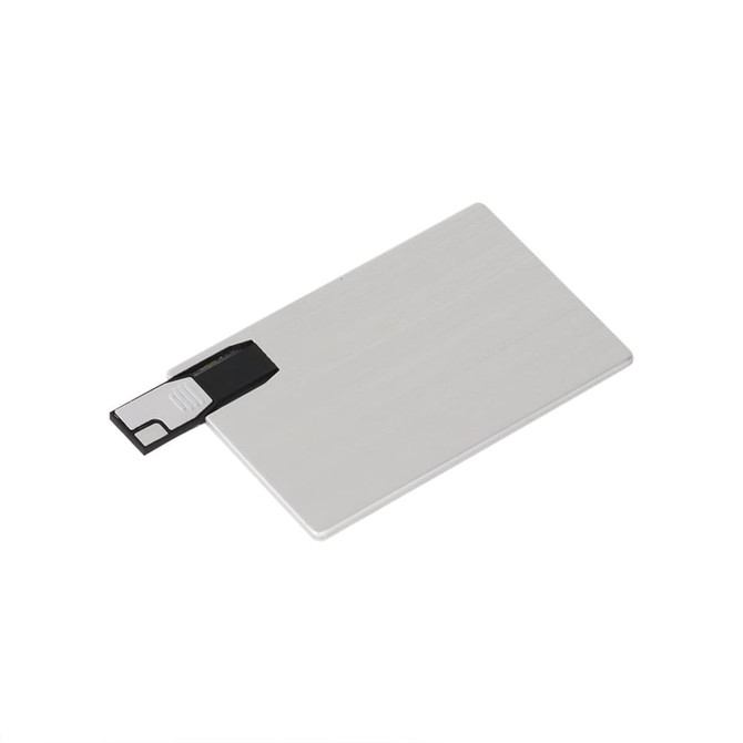 A sleek silver flash drive with a sliding connector and a minimalist design, featuring a logo.