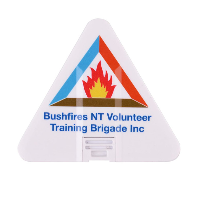 A triangular-shaped flash drive in white with a blue and red logo featuring a flame.