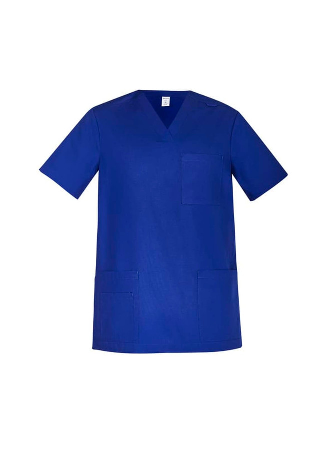 A blue men's scrub top featuring short sleeves and multiple pockets, with a logo displayed.