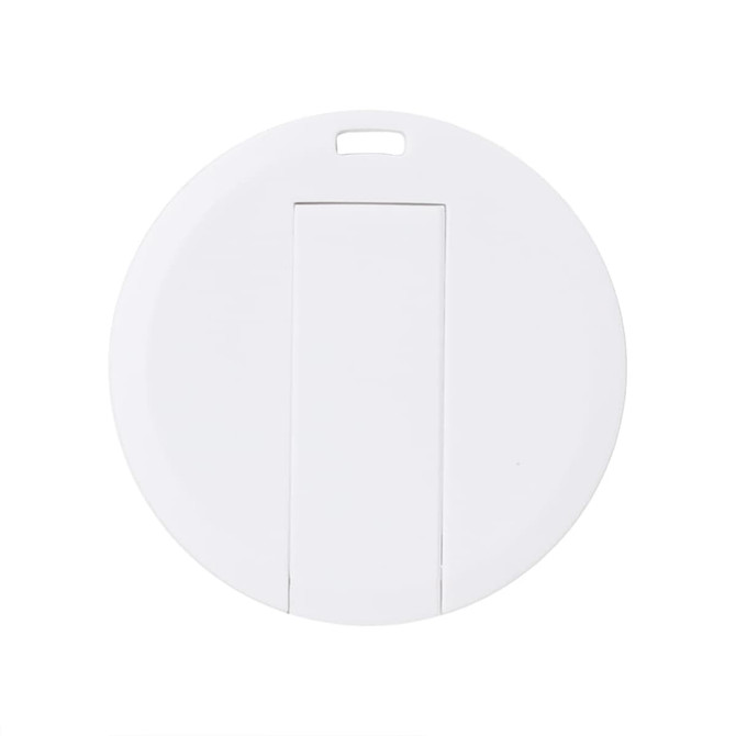 A round white flash drive with a sliding mechanism and a small hole for attaching to keychains.