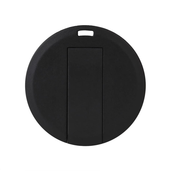 A round black flash drive featuring a sliding mechanism and a small attachment loop.