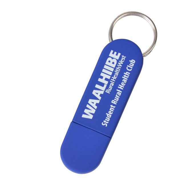 A blue flash drive with a keyring attachment and a logo on its surface.