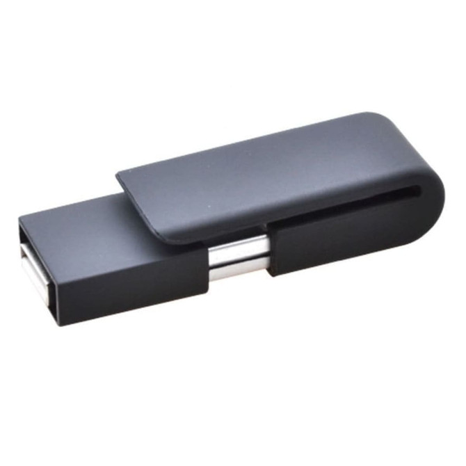 A black Clip Flash Drive with a sleek, compact design and a protective cover. It features a logo on its surface.