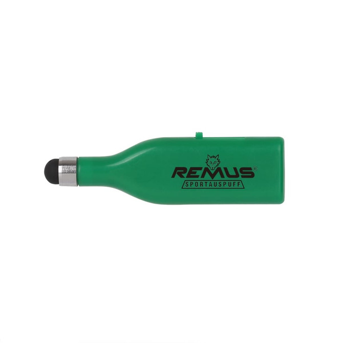 A green stylus flash drive with a rounded tip, featuring a logo on its side.