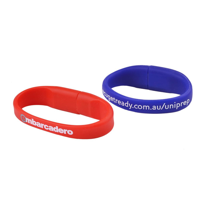 Two oval silicone wristbands in red and blue, each featuring a logo and text.