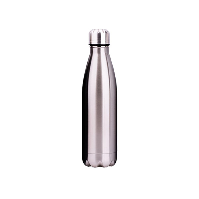 A drink bottle made of stainless steel with a shiny silver finish and a screw-top lid, featuring a logo.