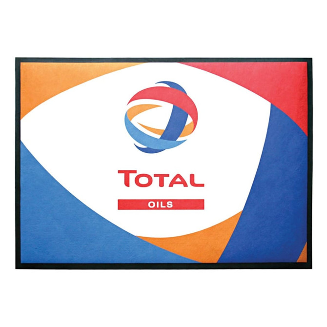 A promotional mat featuring a vibrant design in blue, orange, and white, with a logo and branding elements.
