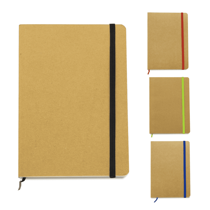 A notebook with a kraft cover and black elastic band, alongside smaller notebooks in red, green, and blue.