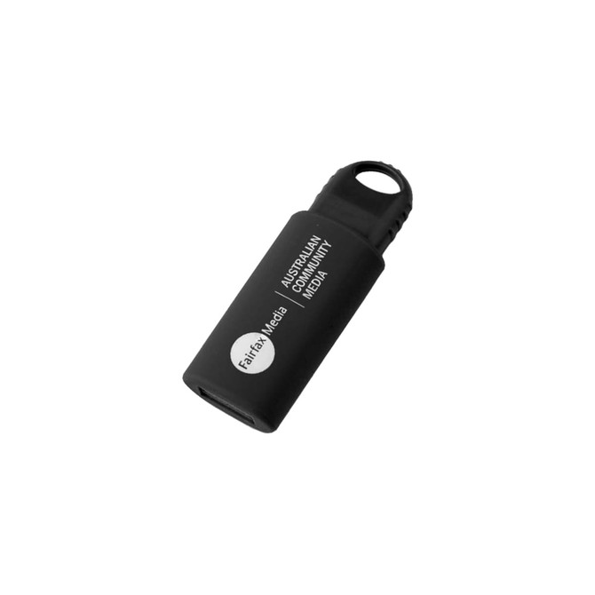 A black flash drive with a keychain loop and a logo on its surface. Compact and portable for data storage.