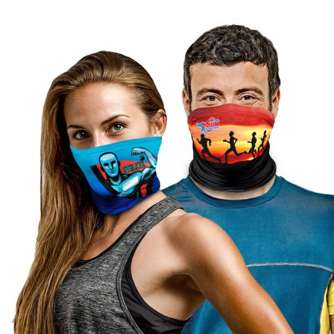 Two people wearing custom neck gaiters featuring vibrant colours and designs, including artistic patterns and a logo.