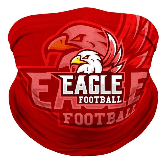 A red custom neck gaiter featuring an eagle graphic and branding related to football. It has a logo design.