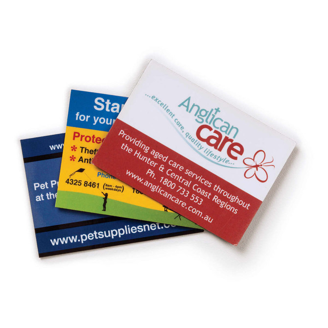 A set of three fridge magnets in various colours, featuring logos and promotional text for services.
