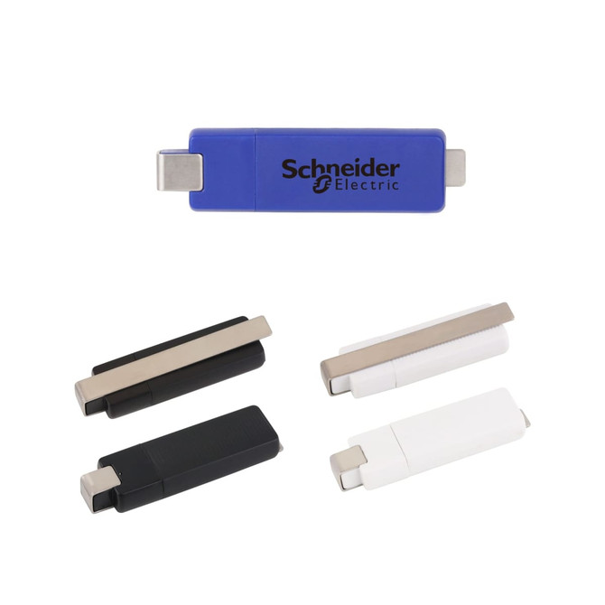 A set of flash drives in blue, black, white, and grey, featuring a logo on the blue drive.