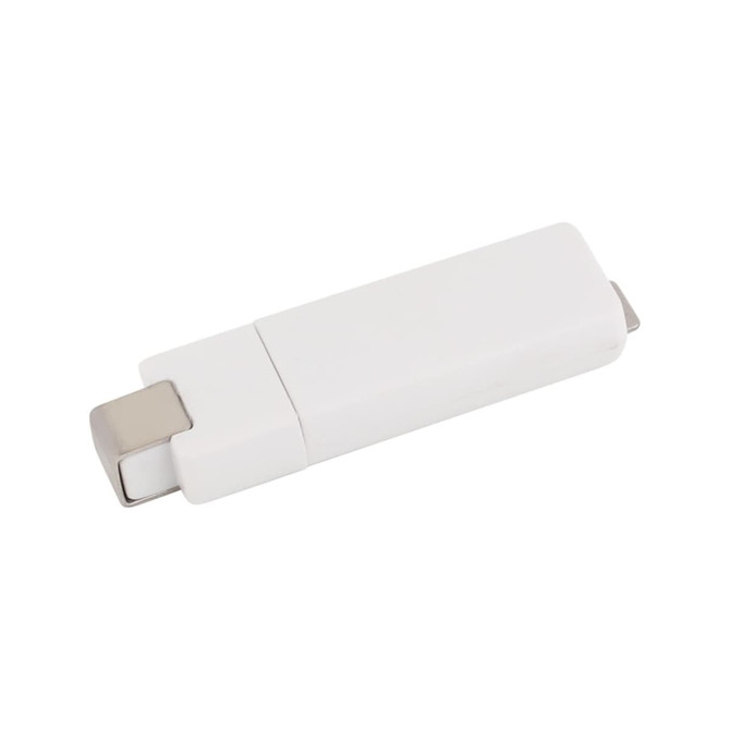 A white flash drive with a metallic cap, featuring a logo. Suitable for technology and storage needs.