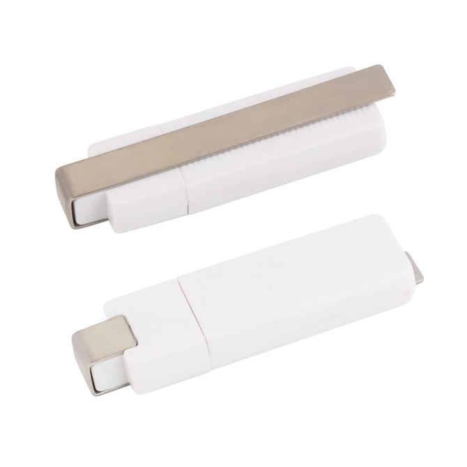 A white Aquarius Flash Drive with a metal clip, featuring a sleek and minimal design.