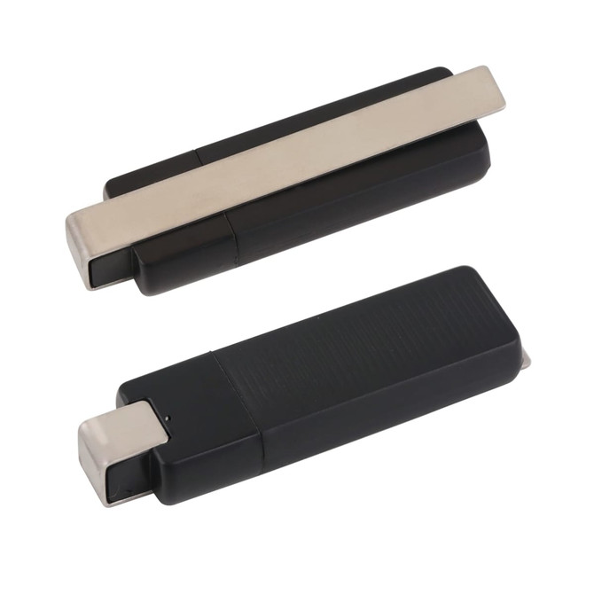 A black and silver Aquarius Flash Drive featuring a sleek, compact design and a metal clip detail.