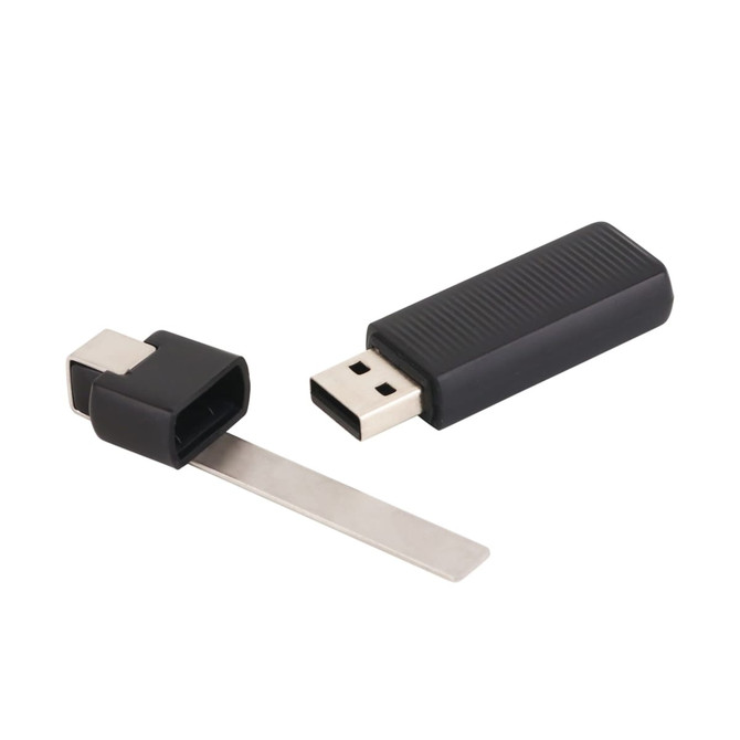A black flash drive with a detachable connector, featuring a textured surface and a sleek design.