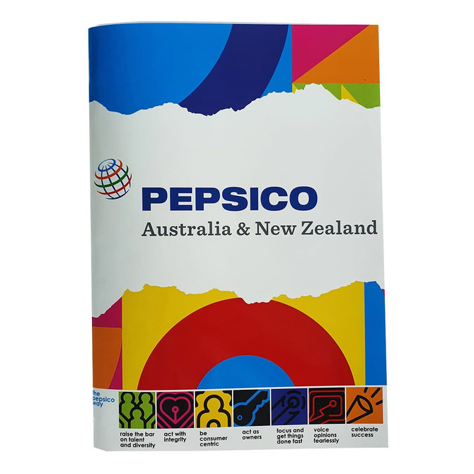A colourful A4 booklet with abstract shapes and a logo, featuring text about PepsiCo in Australia and New Zealand.
