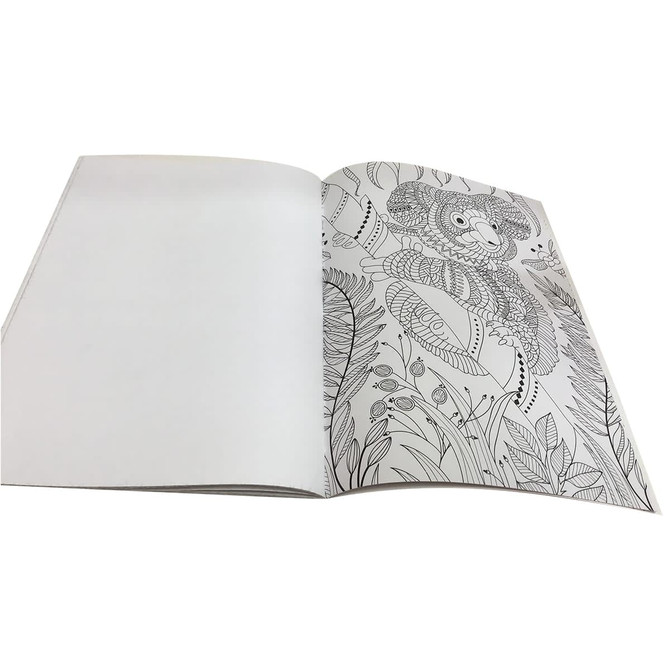 A colouring book featuring intricate black and white line art of nature and animals on white pages.
