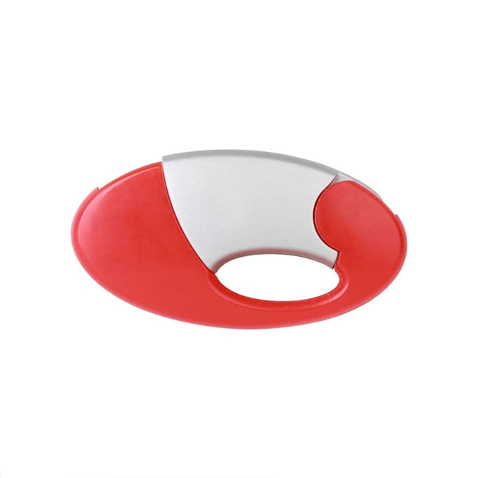 An oval-shaped flash drive featuring a red and silver design with a circular cut-out.