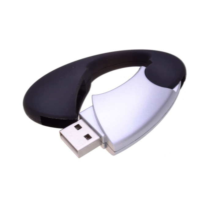 An oval-shaped clip flash drive in black and silver, featuring a built-in clip and USB connector.