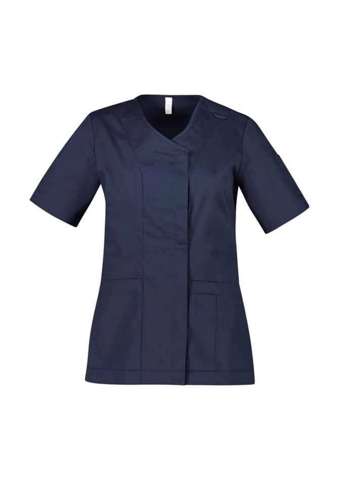 A navy blue women's scrub top with a zip front, crossover design, and short sleeves. Features pockets and a logo.