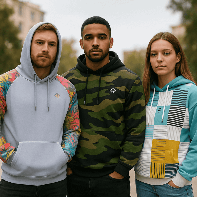Three models wearing pullover hoodies in various styles: a light grey hoodie with floral sleeves, a green camo hoodie, and a colourful patterned hoodie.