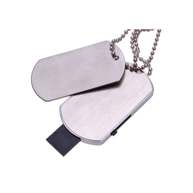 A silver dog tag flash drive with a ball chain, featuring a smooth surface on both sides.