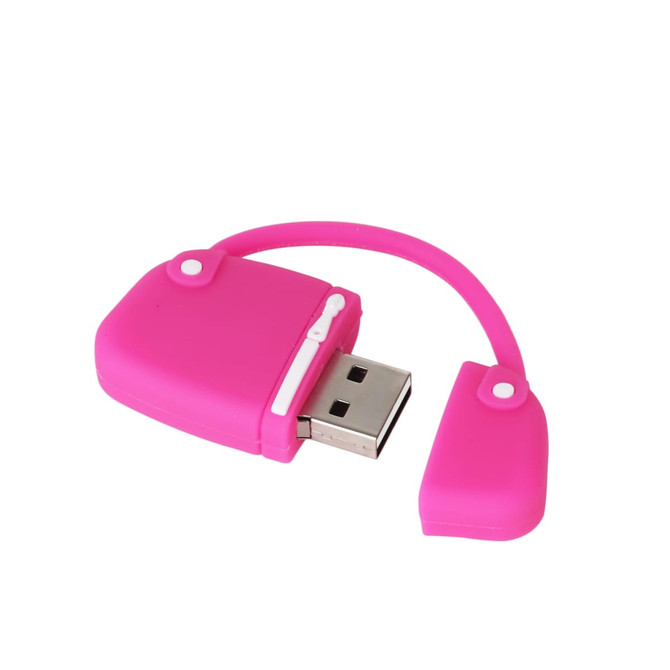 A pink handbag-shaped flash drive with a removable cap and a flexible connector. It features a logo.