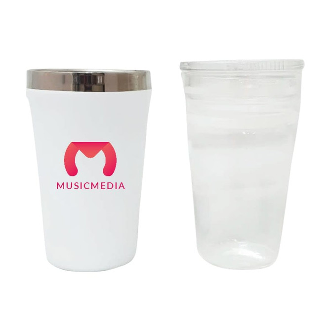 A drink bottle featuring a white exterior with a silver lid and a clear cup beside it, both showcasing simple designs.