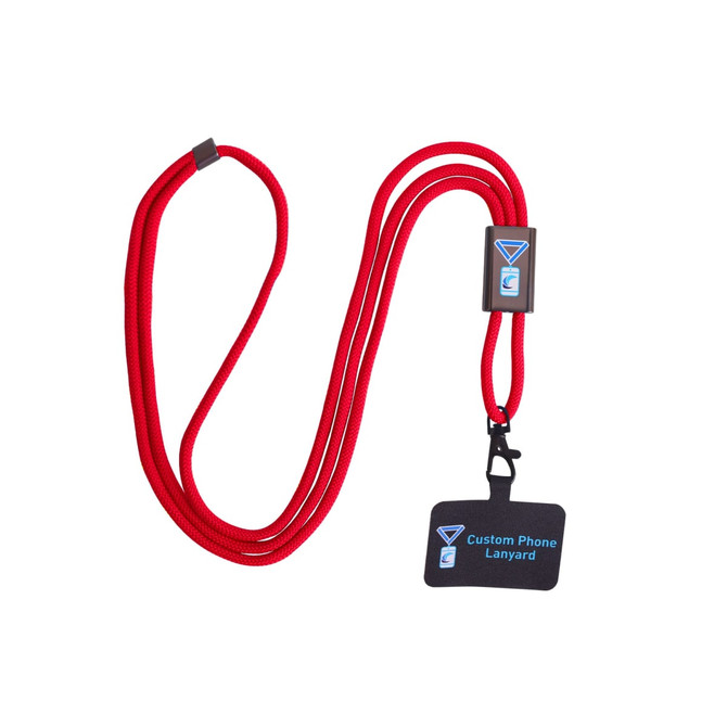 A red adjustable phone lanyard with a metal buckle and an attached card holder. Features a logo.