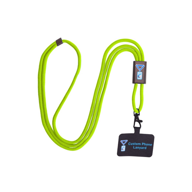 An adjustable lime green phone lanyard with a metal buckle and a card holder attachment.