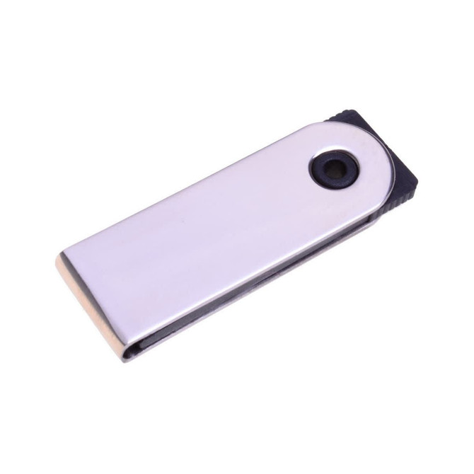 A sleek silver flash drive with a black end, featuring a small hole for attachment. Includes a logo on its surface.