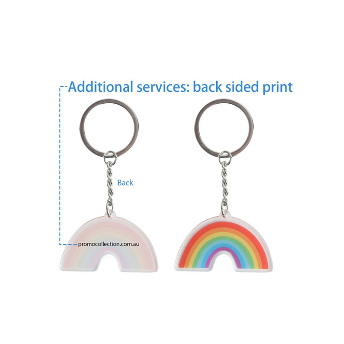 A rainbow-shaped acrylic keyring with a silver keychain, featuring a vibrant multicoloured design and a backing option.