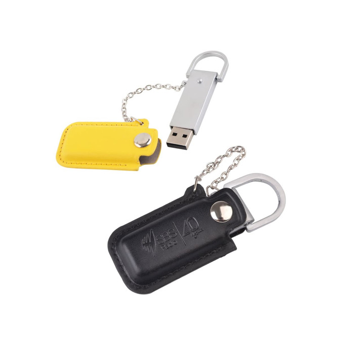 A leather pouch flash drive in black and yellow, featuring a silver chain and a metal clip.