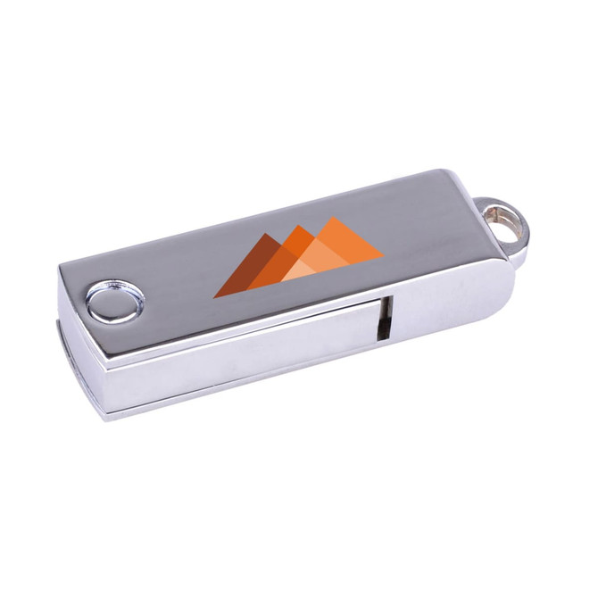 A silver flash drive with a branded logo featuring orange mountains. Compact design, ideal for data storage.