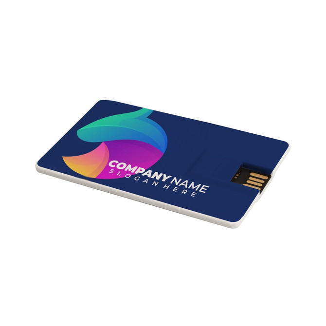 A credit card-sized Type-C flash drive featuring a multicoloured design and a logo on a dark background.