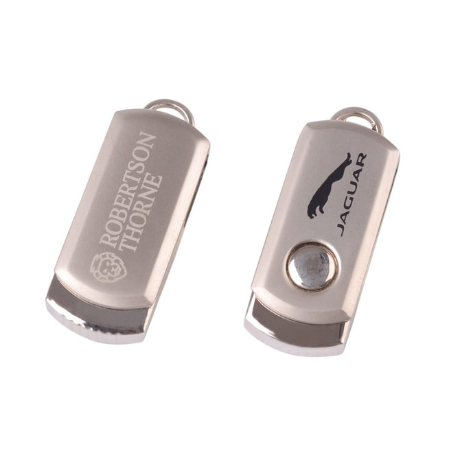 A silver flash drive featuring dual sides, one with a logo and the other plain.