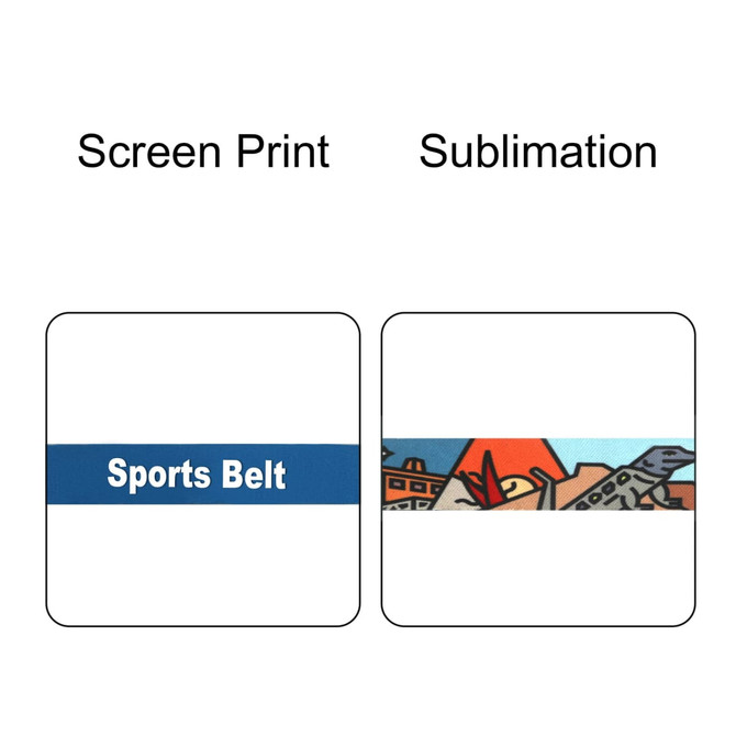 A sports belt with a blue band featuring a design, showcasing two printing methods: screen print and sublimation.