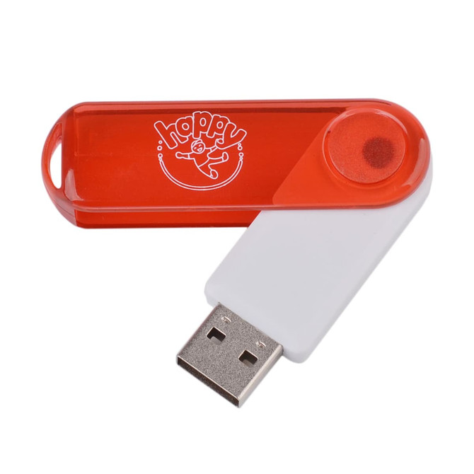 A transparent swivel flash drive in red and white with a logo on the surface.
