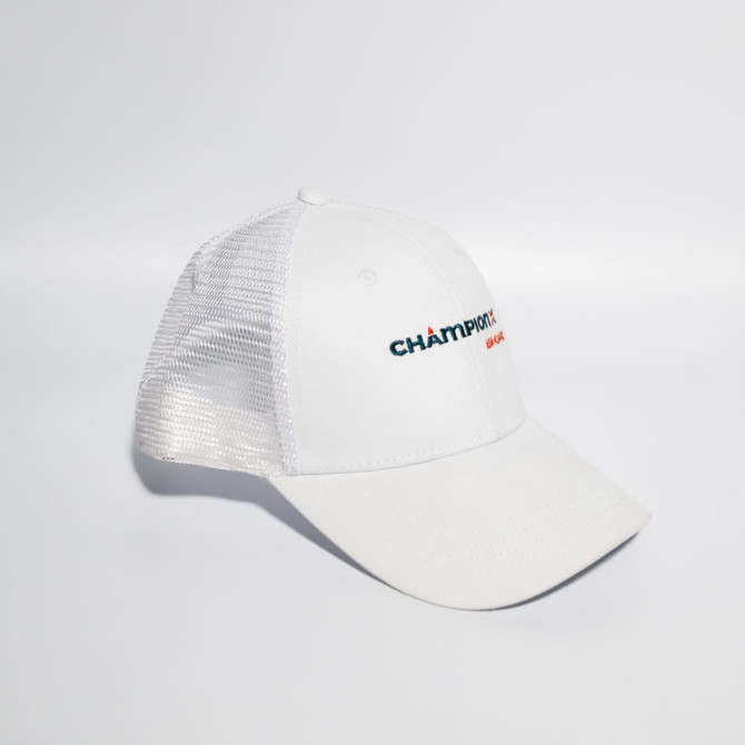 A white Snapback Truckers Cap with a mesh back and a small logo on the front.