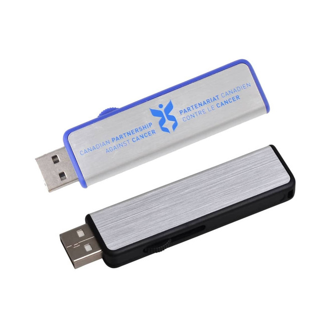 A silver and blue flash drive alongside a black and silver flash drive, both featuring a logo.