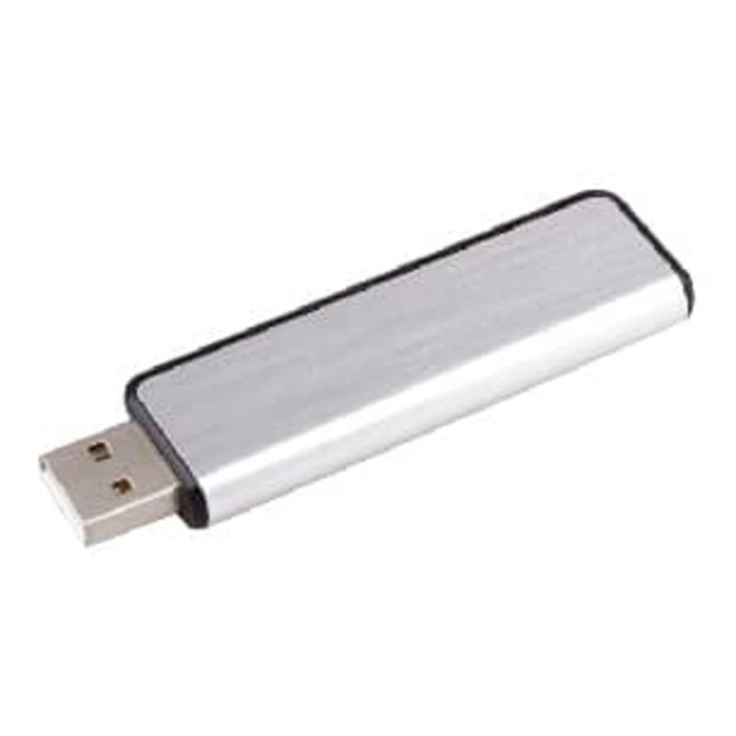 A sleek silver flash drive with a metallic finish and black edges, featuring a USB connector.
